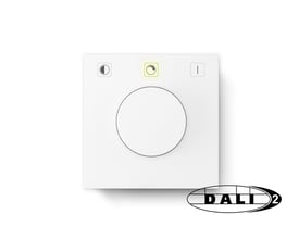 Jumitech DALI-2 potentiometer i hvid, med drejeknap, tre tryk og DALI 2 logo nederst.