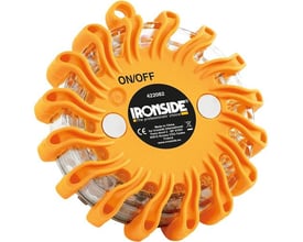 Ironside gult advarselslys med 16 LED’er set bagfra, med orange beskyttelseskanter og synlig mærkat.