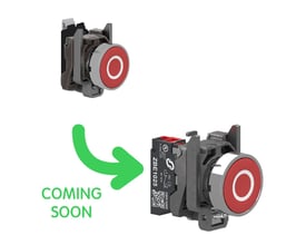 Schneider Electric modular trykknap XB4BA43225 i rød med hvidt "O", viser både hoved og tilhørende NC kontaktelement.