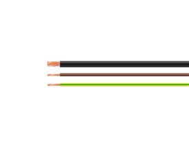 H07Z-K installationskabel med 4 mm² i brun farve, vist med afisolerede ender på sort, brun og gul/grøn kabel.