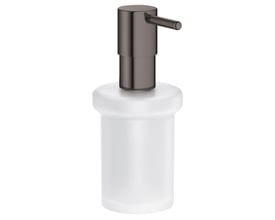 Grohe Essentials sæbedispenser i hard graphite og mat hvid glas med poleret metalpumpe, 160 ml kapacitet.