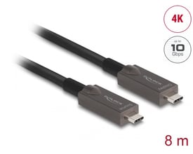 DeLock Active Optical USB-C kabel på 8 meter i sort med 'Source' og 'Display' mærkninger, understøtter 4K og 10 Gbps.