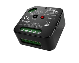 Sort SLC SmartOne Zigbee 2B AC on/off switch med mærkater for indgange og udgange, samt CE- og Zigbee-logoer.