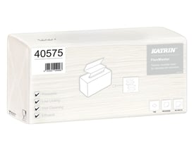 Emballage til Katrin Flexmaster 40575 aftørringsklud med illustration af kludens udtræk og dispenser.