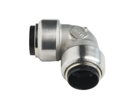 Roth 90-graders vinkel med 18 mm indstik til PEX, CU og rustfrie rør i blankt rustfrit stål på hvid baggrund.