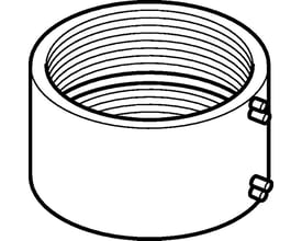 Illustrationsdetalje af Geberit 315 mm sort elektrosvejsemuffe med indvendige gevind og punkter til svejsning.