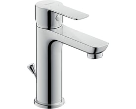 Frontalt billede af Duravit A.1 1-grebs håndvaskarmatur i skinnende krom, med en tydelig ventilfunktion og mærkelogo.