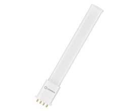Ledvance DULUX LED S/E-rør med hvidt rørhus og fire ben på 2G7-soklen, vist skråt fra siden.