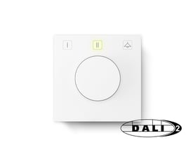 Jumitech DALI-2 potentiometer i hvid med drejeknap og tre trykknapper, der styrer grupper og scener.