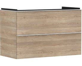 Frontbillede af Hansgrohe Xelu Q vaskeskab i naturlig eg med to grebsfrie skuffer og hvid kantdetalje.