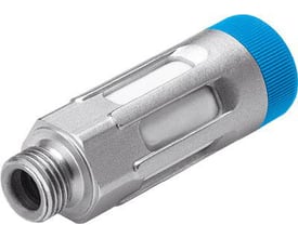 Festo drøvlelyddæmper GRU-3/8-B i metal med blå top, viser G3/8 gevind og justeringsskrue.