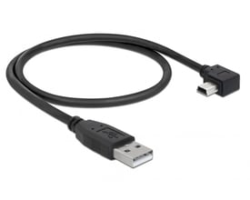 Sort Delock USB-A til USB Mini-B kabel på 0,5 meter med 90 graders vinkel på Mini-B stikket.