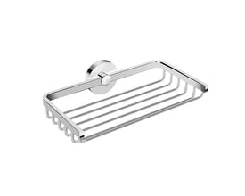 Cosmic badeværelseshylde i krom med blank overflade og rillet design, måler 200 x 115 x 50 mm.
