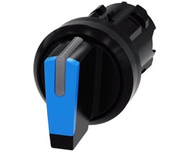 Siemens 22mm omskifter i blå plast med grå betjeningshåndtag, vist fra siden med en 3-positions betjening.