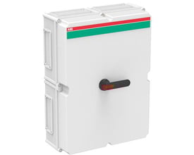 ABB sikkerhedsafbryder 200A, 6-polet, i hvid plastkapsling med sort aflåseligt pistolgreb og IP65-klassificering.