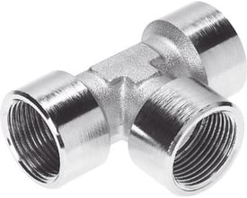 Festo T-forskruning NPFC-T-3G34-F i messing med forniklet gevind, viser den T-formede kobling på en hvid baggrund.