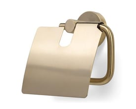 Elegant toiletrulleholder med låg i børstet guld finish, monteret på en hvid baggrund med diskret skygge.