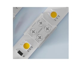 Nærbillede af 8mm LED strip skruesamler med fire skruer, til enkeltfarvede LED strips med gul lysdiode.