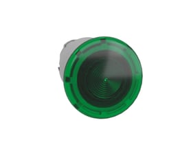 Isoleret Schneider Electric grøn paddetryk impuls med Ø40 LED og en cirkulær, grøn linse, vist på hvid baggrund.