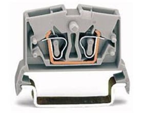 Nærbillede af Wago 2,5 mm² mini gennemgangsklemme i grå med kobberkontakter og fjederlåsning synlig.