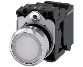 Siemens 22mm oplyst trykknap i ru metal med højglans hvid finish og fjederklemme.