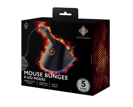 Deltaco Gaming mouse bungee i sort, vist på produktemballage med flamme-effekt og RGB-lys detaljer.