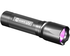 Elwis Royal S9UV UV LED-lommelygte i sort med lilla linse, til UV-lys på 395-410 nm.