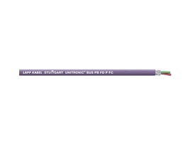 Lapp Unitronic bus PB FD P FC 1X2X0,64 kabel med lilla ydre kappe og afskærmning samt røde og grønne ledere for enden.