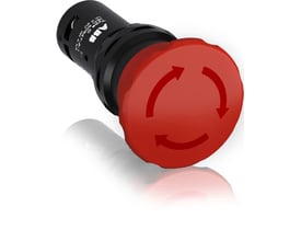 ABB nødstop Ø40mm, CE4T-10R-02, vist med reflekterende baggrund og fokus på den røde trykknap med nulstillingspil.