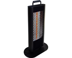 Sleek, sort, tårnformet havebordsvarmer på 650 mm med 1200W effekt og en honningkasse-lignende frontgrill.