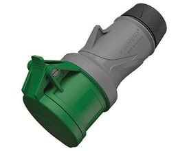 Mennekes PowerTOP Xtra CEE-forlængerled, 32 A og 4-polet, med grønt frontdæksel og gråt, ergonomisk hus.