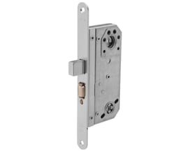 Assa Abloy låsekasse 566 i mat forzinket stål, set skråt med rigel og messingfarvet rulle synlige.