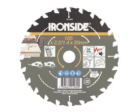 Ironside rundsavklinge til træ med 24 ATB-tænder, 165 mm diameter og 20 mm hul, vist forfra med mærkning.