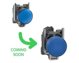 Schneider Electric komplet signallampe i blå farve med LED og push-in klemmer monteret i grå metalramme, med pil og tekst 'COMING SOON'.