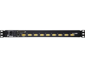 Bagsiden af Aten CL5708M-3Y KVM-konsol med KVM-switch viser de otte porte og øvrige tilslutninger.