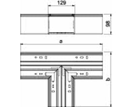 Teknisk tegning af OBO Bettermann WDK T-stykke 100mm x 130mm, viser dimensioner og konstruktion.