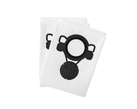 Nærbillede af to Nilfisk fleece støvsugerposer til AERO modeller, der viser den sorte monteringsring og detaljer.