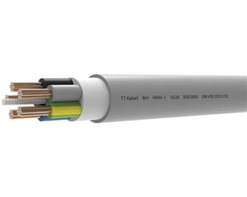 Kabel 5G16 HMH-J plus, 500 meter tromle, vist med snit for at vise de fem farvede ledere og grå yderkappe med påskrift.