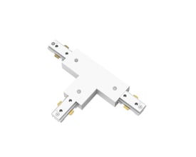 Hvidt Philips EasyLink T-stik til at forbinde tre lysskinner, set skråt ovenfra med stikenderne synlige.