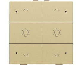 Niko dæmpertryk med LED, gold coated, til to lyskredse, viser op/ned pile og lyssymbol på beige baggrund.