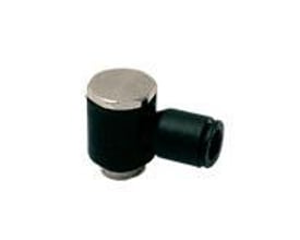 Parker Legris banjo fitting i teknisk polymer med 8 mm slangediameter og G1/8 gevind, fremstillet af sort plast med en metallisk top.