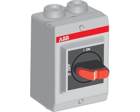 Illustration af ABB 3-polet 16A sikkerhedsafbryder med sort drejegreb og tydelig I/O mærkning, fremstillet i grå kunststof.