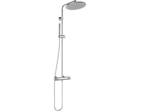 Komplet Ideal Standard Ceraplus Safe brusesystem i blank krom, viser termostat og justerbar håndbruserholder.