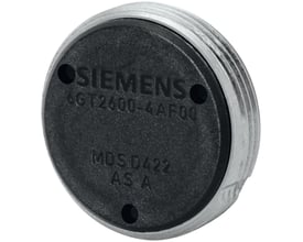 Siemens MDS D422 MOBY D skruge transponder i metal med M20 gevind og sort indlæg med Siemens logo, IP68, IPX9K.