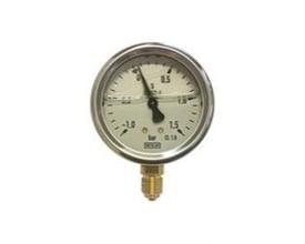 WIKA manometer til vakuummåling, glycerinfyldt, med en studs på Ø63mm og 1/4"RG.NED tilslutning, viser et trykområde på -1,0 til +1,5 bar.