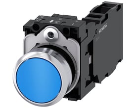 Siemens 22mm rund trykknap i metal med skinnende blå knap og 1NO+1NC skrueklemme, vist fra siden.