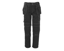 Mascot Atlanta håndværkerbukser i sort, C54, med lav talje, ergonomisk formede ben og kontrast-syninger, vist forfra.