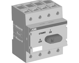 3D-rendering af ABB installationsafbryder OT80M3, vist med drejegreb i ON-position og klar indikation af OFF og ON.