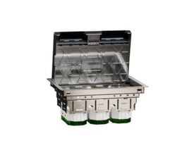 Lauritz Knudsen Gulvboks-L i metal med 6 moduler og IP20-klassificering, vist med åbent låg og monteringsdetaljer.