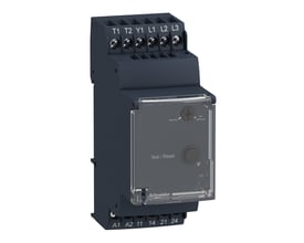 Schneider Electric Zelio RM35-T motorkontrolrelæ med test/reset-knap og skrueterminaler. Det mørkegrå apparat har et transparent dæksel med tydelige markeringer.